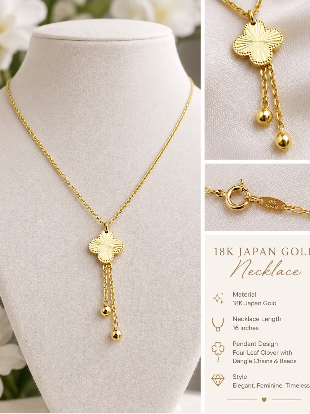 18K Japan Gold Four-Leaf Clover Dangle Necklace - Gold